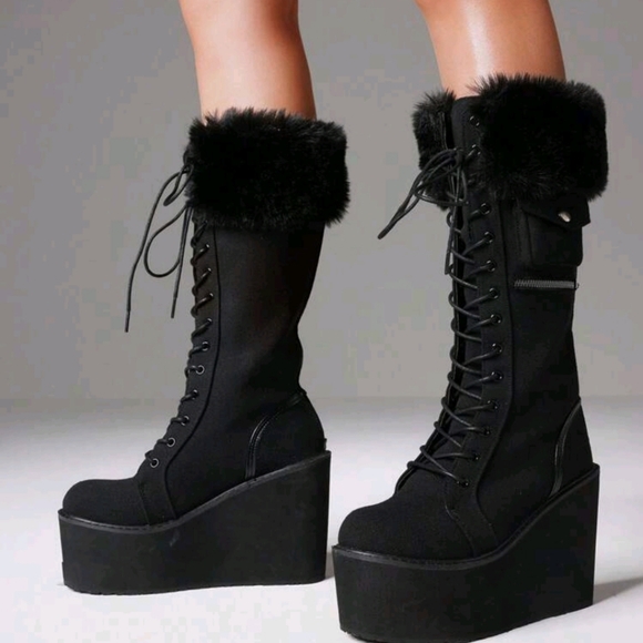 Shoes - NEW GOTHIC COMBAT BOOTS CHUNKY WEDGE HEEL FUR MID-CALF PLATFORM LUXURY BOOTS